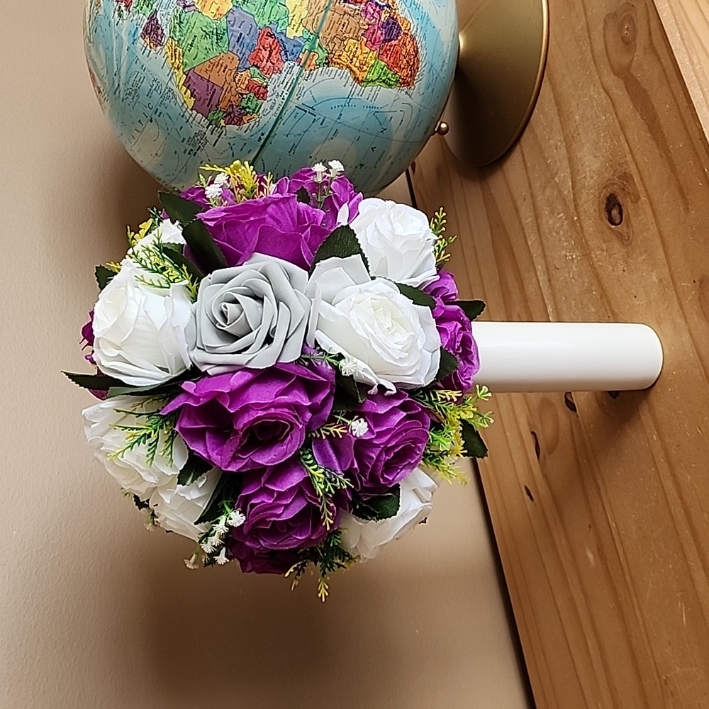 Beautiful wedding bouquet white and purple silk flowers